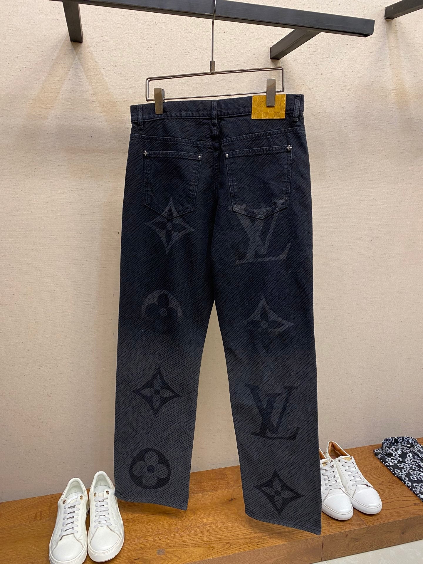 Louis Vuitton dark denim logo pants, straight leg with button waistband