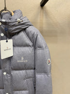 Moncler hooded puffer jacket, light gray, chest logo and hood drawstring