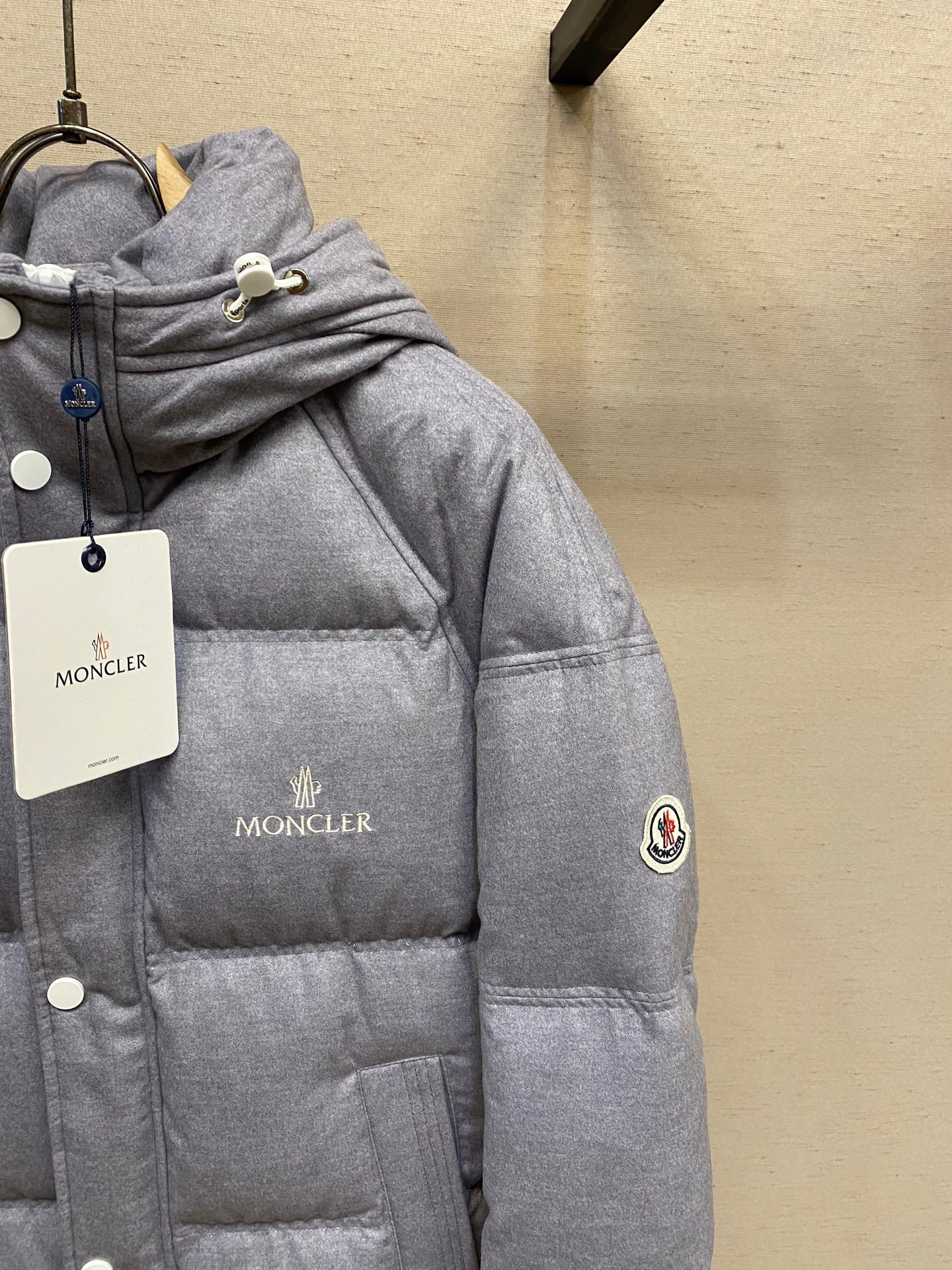 Moncler hooded puffer jacket, light gray, chest logo and hood drawstring