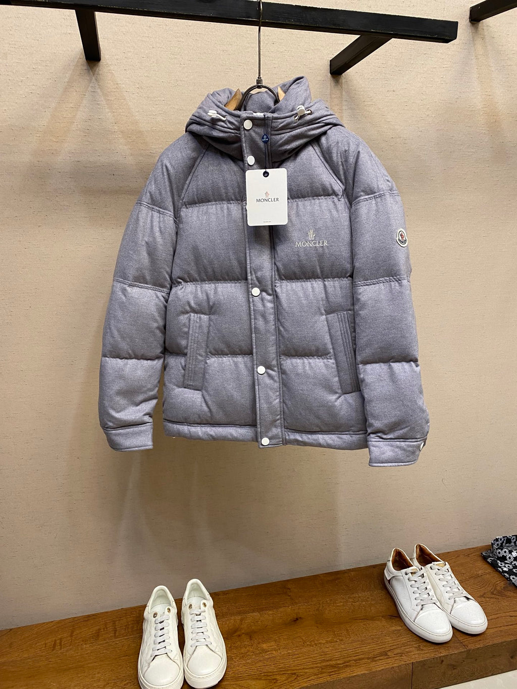 Moncler long hooded puffer jacket, light gray, buttoned front