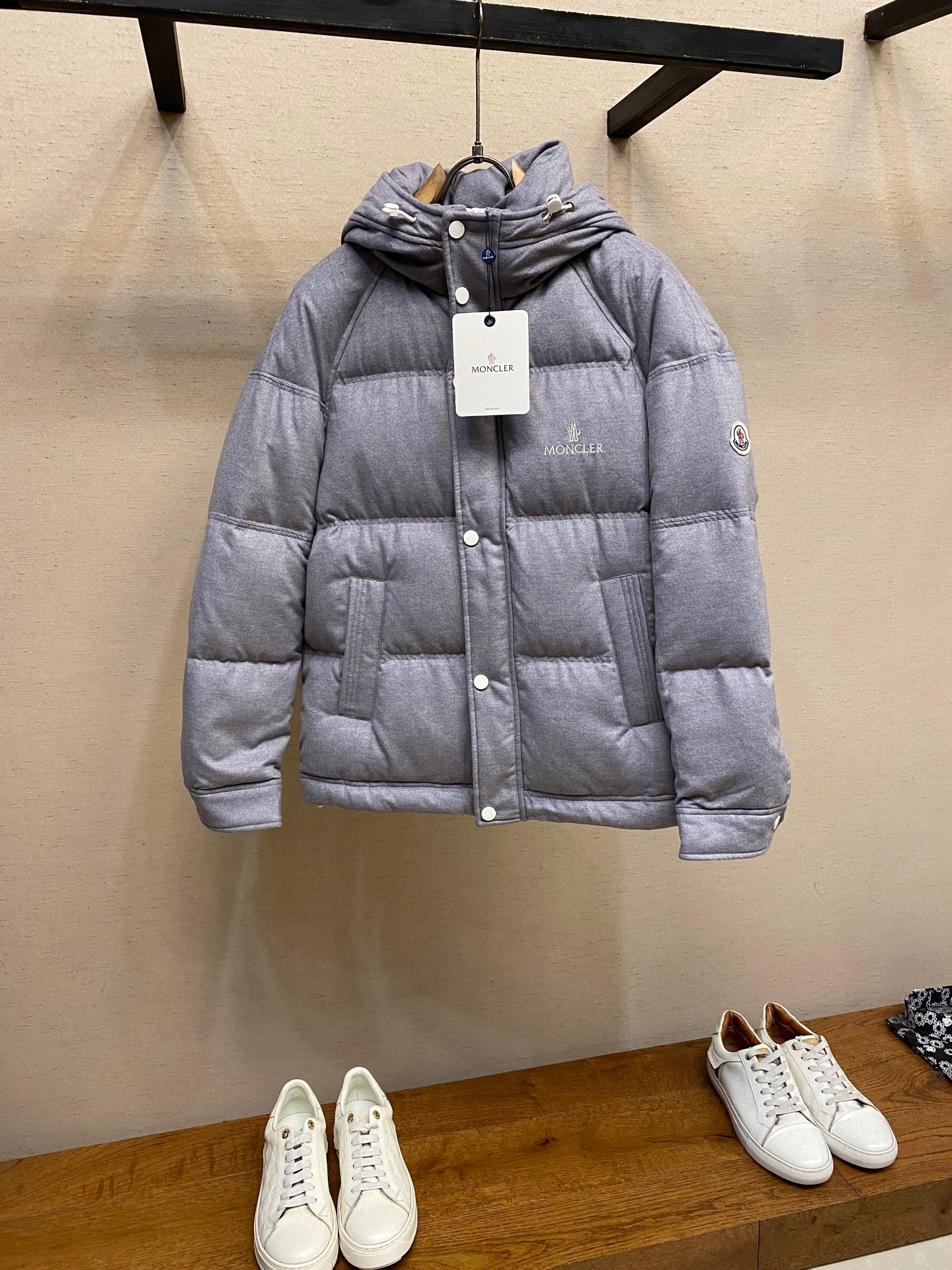 Moncler long hooded puffer jacket, light gray, buttoned front