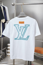 Louis Vuitton logo T-shirt in white with turquoise LV logo on back