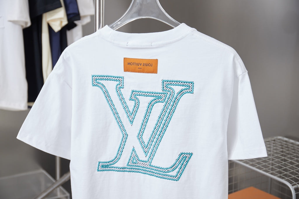 Louis Vuitton logo T-shirt in white with turquoise LV logo on back