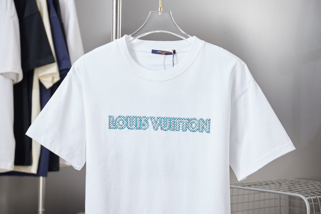 Louis Vuitton logo T-shirt in white with turquoise front logo graphic