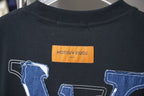 Dark short-sleeve T-shirt neckline with orange brand label and blue LV graphic