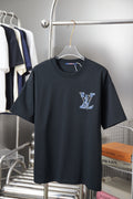 Louis Vuitton short-sleeve T-shirt in dark fabric with blue embroidered LV graphic on chest