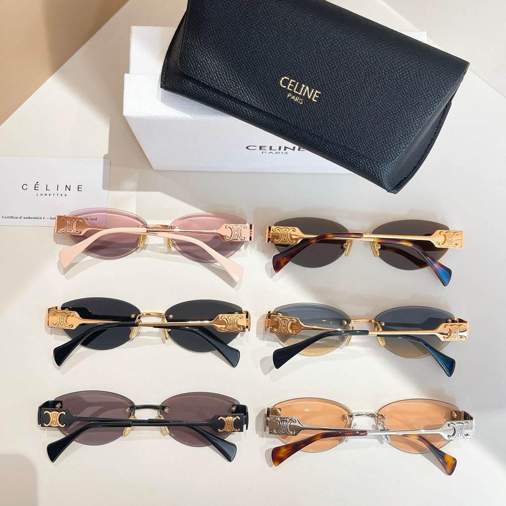 Assorted sunglasses with mixed frames and tinted lenses plus black case
