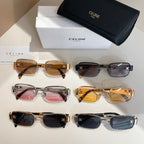 Set of square sunglasses with mixed lenses and frames, plus black case and white box