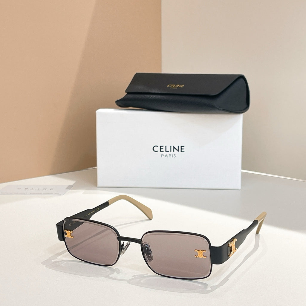 Dark-tinted square sunglasses with black frames and gold-tone arms