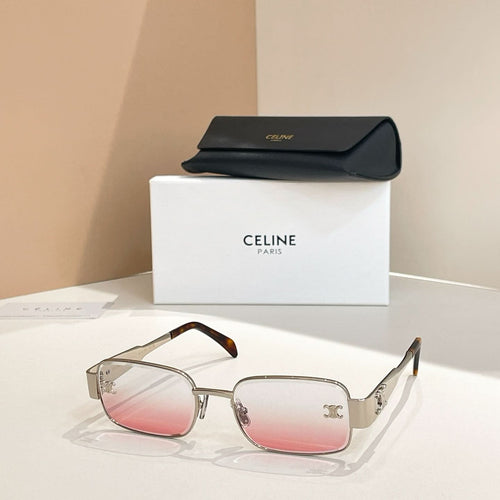 Rose-tinted square sunglasses with gold-tone frames and clear arms