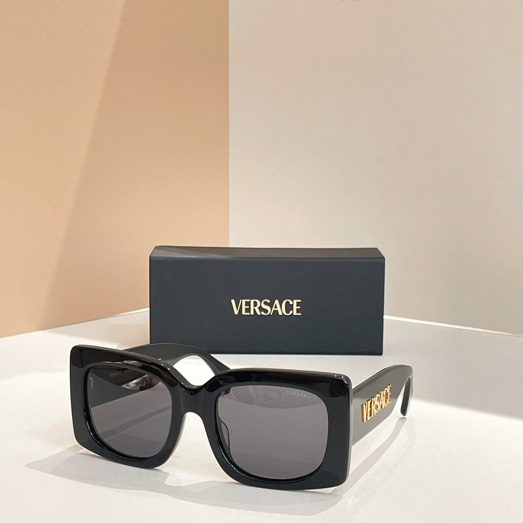Black square sunglasses with dark grey lenses and VERSACE logo on temple