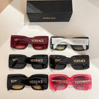 Assorted sunglasses with red, white, black, and transparent frames and VERSACE logos