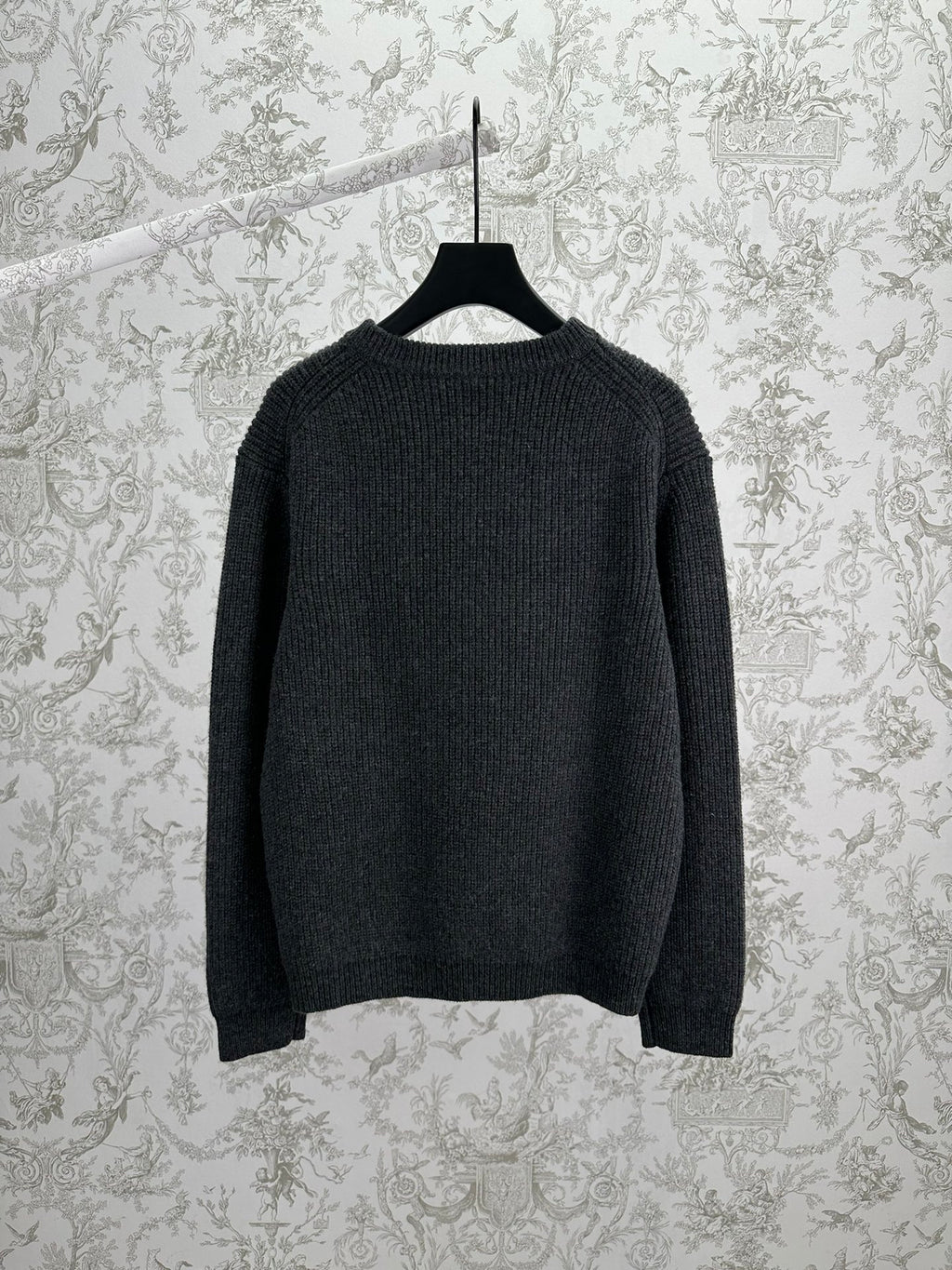 Gucci dark charcoal knit sweater back view with ribbed neckline and cuffs