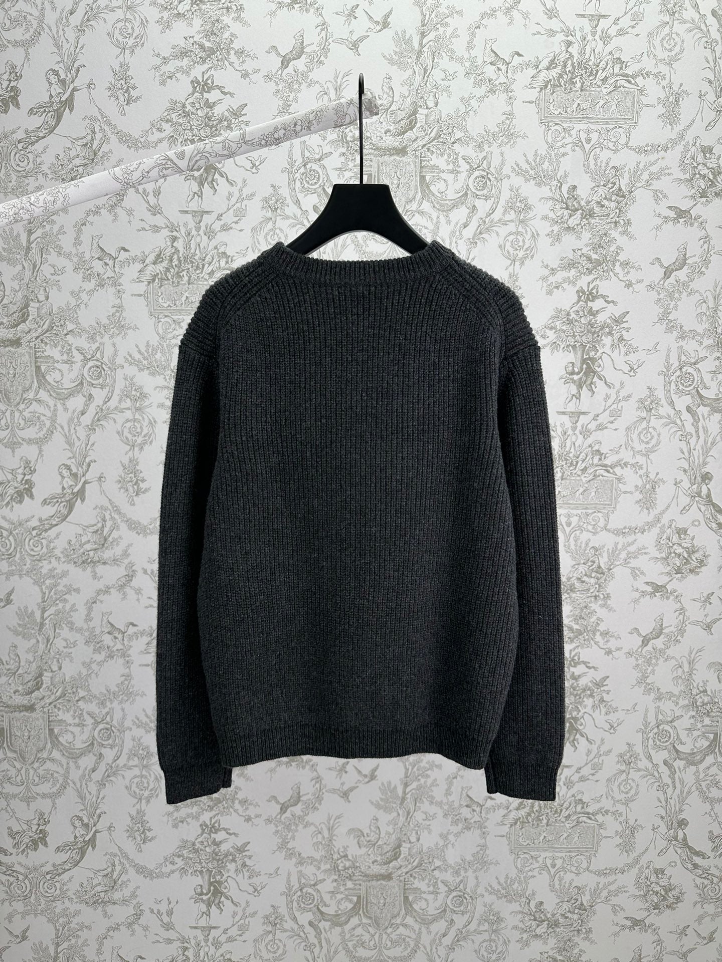 Gucci dark charcoal knit sweater back view with ribbed neckline and cuffs