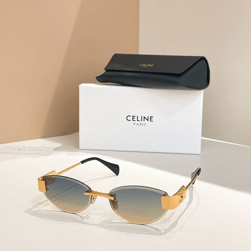 Sunglasses with gold-tone frame and dark gradient lenses with black case