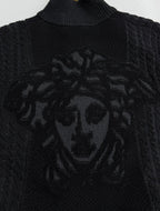 Versace black knit zip jacket with large lion-style graphic on chest