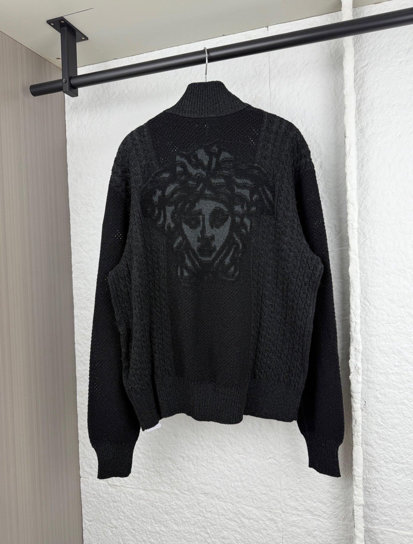 Versace black knit zip jacket with high collar and back graphic, gold zipper