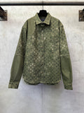 Olive green monogram long-sleeve button-up jacket, point collar, front pockets.