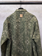 Olive green monogram button-up jacket, back view with brand patch at collar.