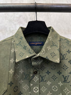 Olive green monogram shirt jacket, collar detail with Louis Vuitton label.
