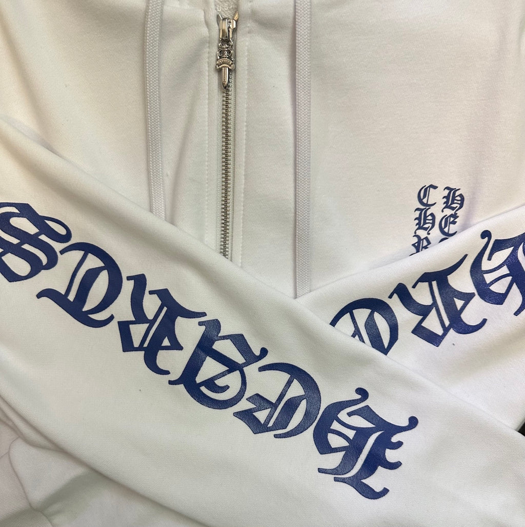 White hoodie sleeve with blue curved text graphic