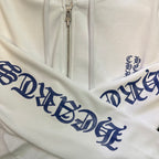 White hoodie sleeve with blue curved text graphic