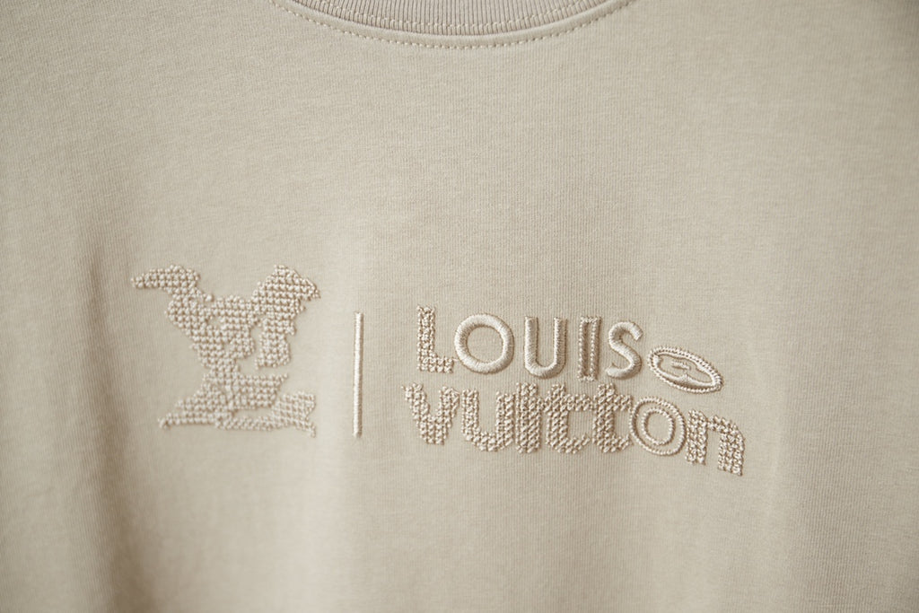 Beige Louis Vuitton logo detail T-shirt with rhinestone-style lettering