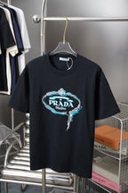 Black Prada short-sleeve T-shirt with embroidered PRADA Milano front graphic