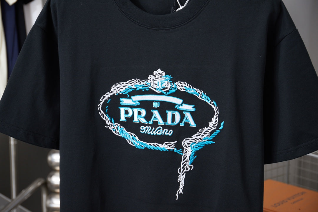 Black Prada T-shirt with embroidered PRADA Milano logo on chest