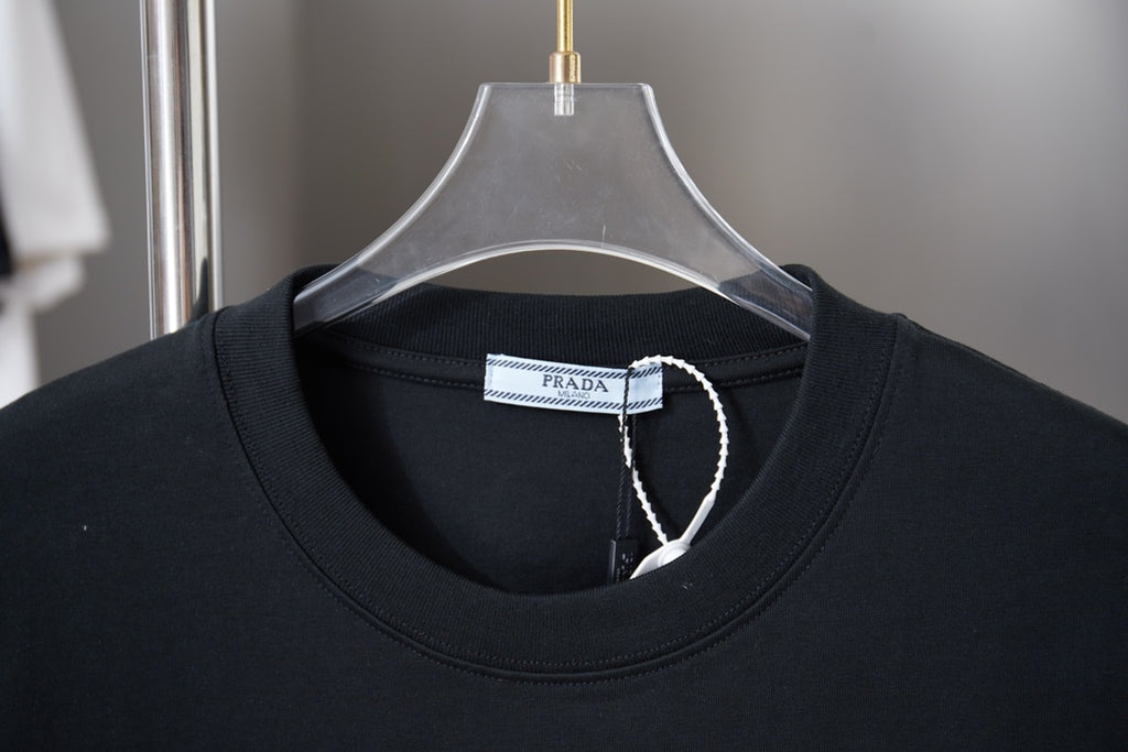 Black T-shirt neckline with interior Prada size label