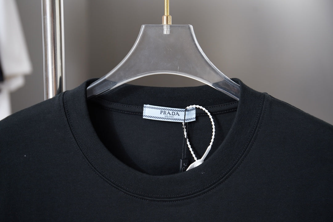 Black T-shirt neckline with interior Prada size label