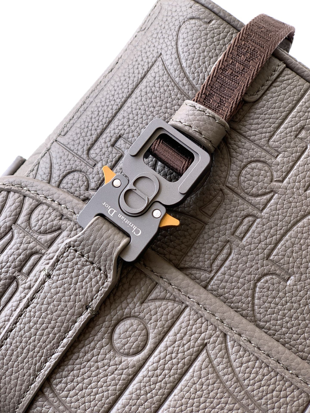 Dior taupe bag close-up with flap buckle hardware and embossed monogram texture