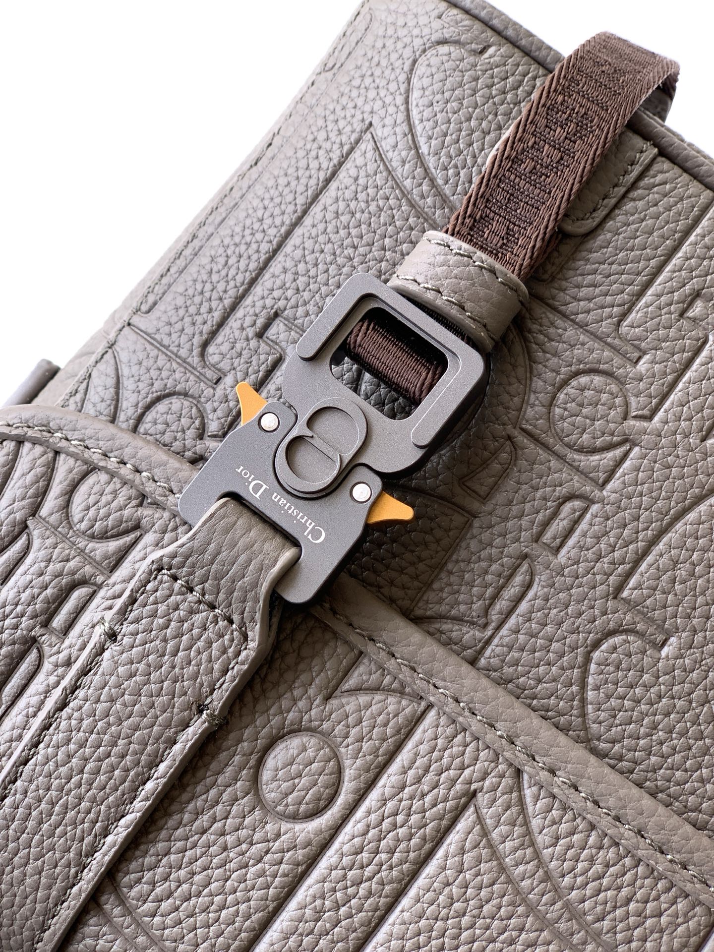 Dior taupe bag close-up with flap buckle hardware and embossed monogram texture