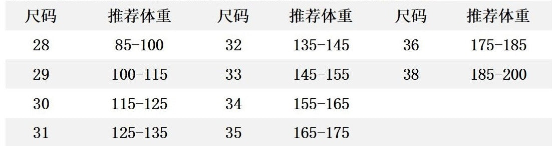 Size chart table showing size numbers with height and weight ranges