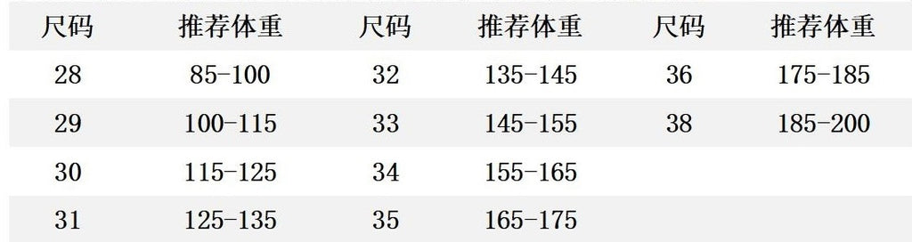 Pants size chart showing waist and height ranges, sizes 28 to 38