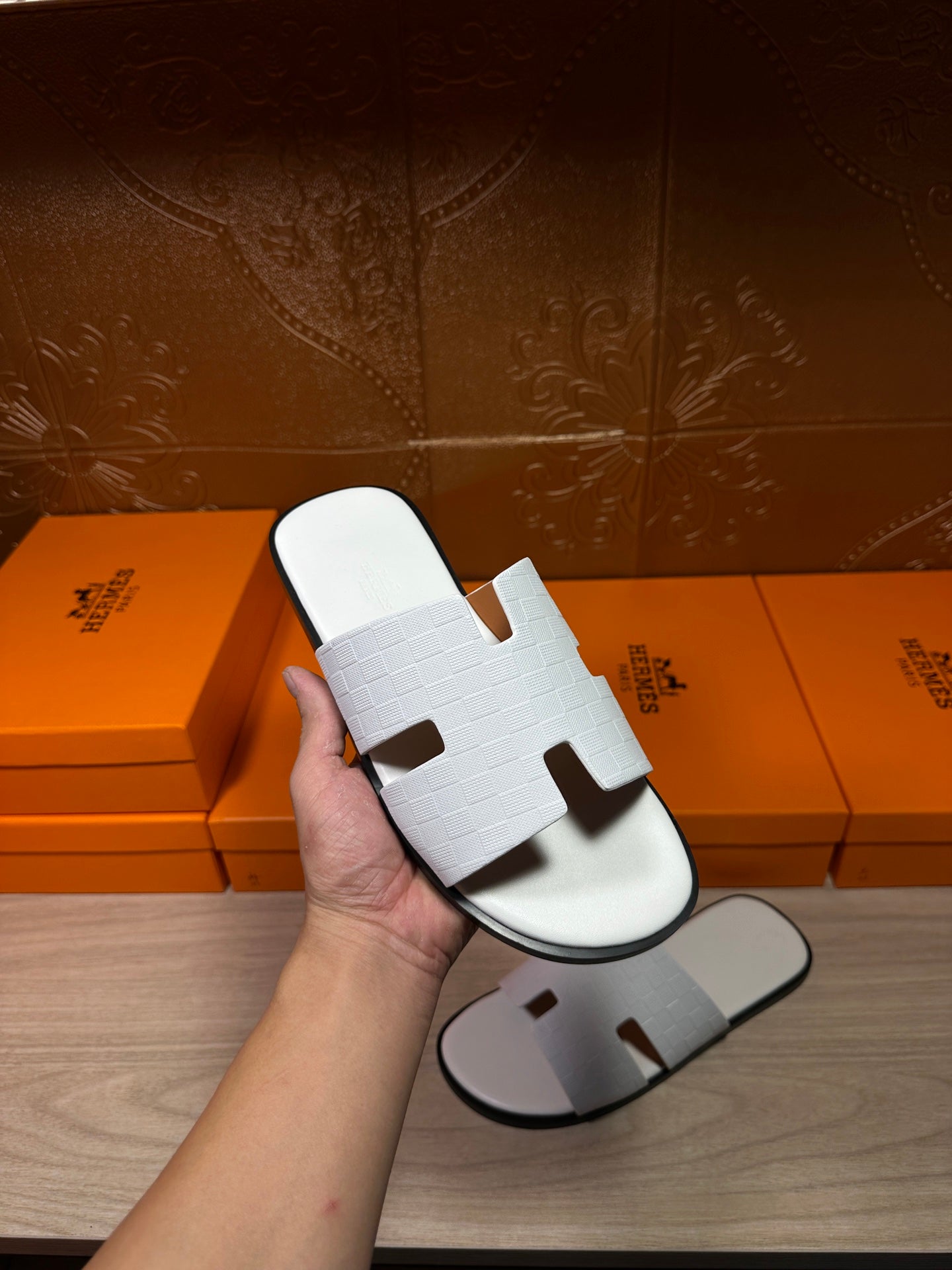 Hermes slide sandals, white textured leather upper with H-style cutout strap
