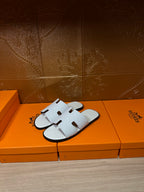 Hermes slide sandals, white leather upper with two-banded cutout strap