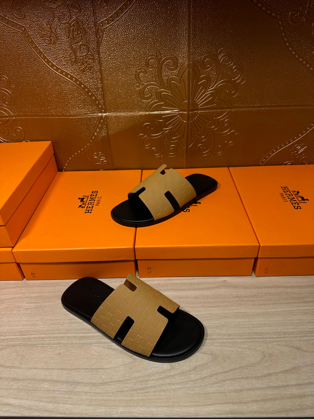 Hermes beige and black slide sandals, open toe on top of box