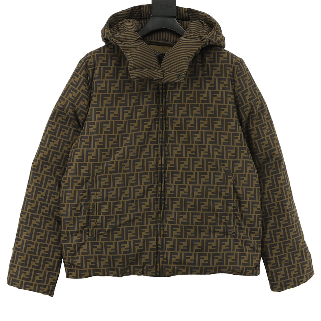 Hooded long jacket with all-over FF pattern, front zipper and button placket