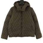 Hooded long jacket with all-over FF pattern, front zipper and button placket