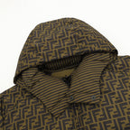 Hooded long jacket with FF lining, front zipper and button placket detail