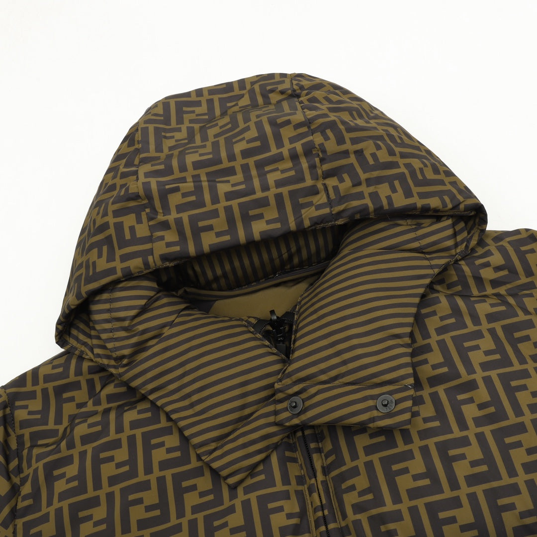 Hooded long jacket with FF lining, front zipper and button placket detail