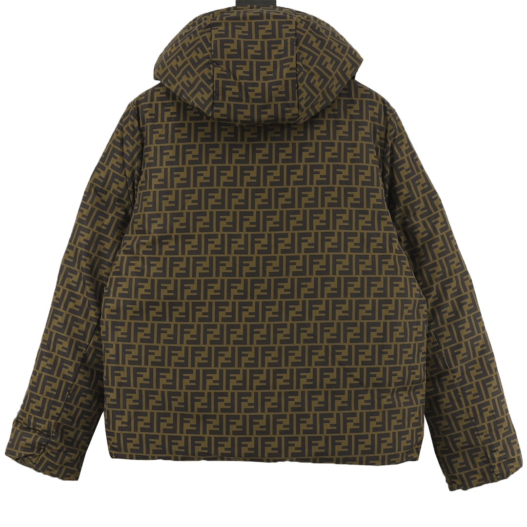 Hooded long jacket with all-over FF pattern, side view