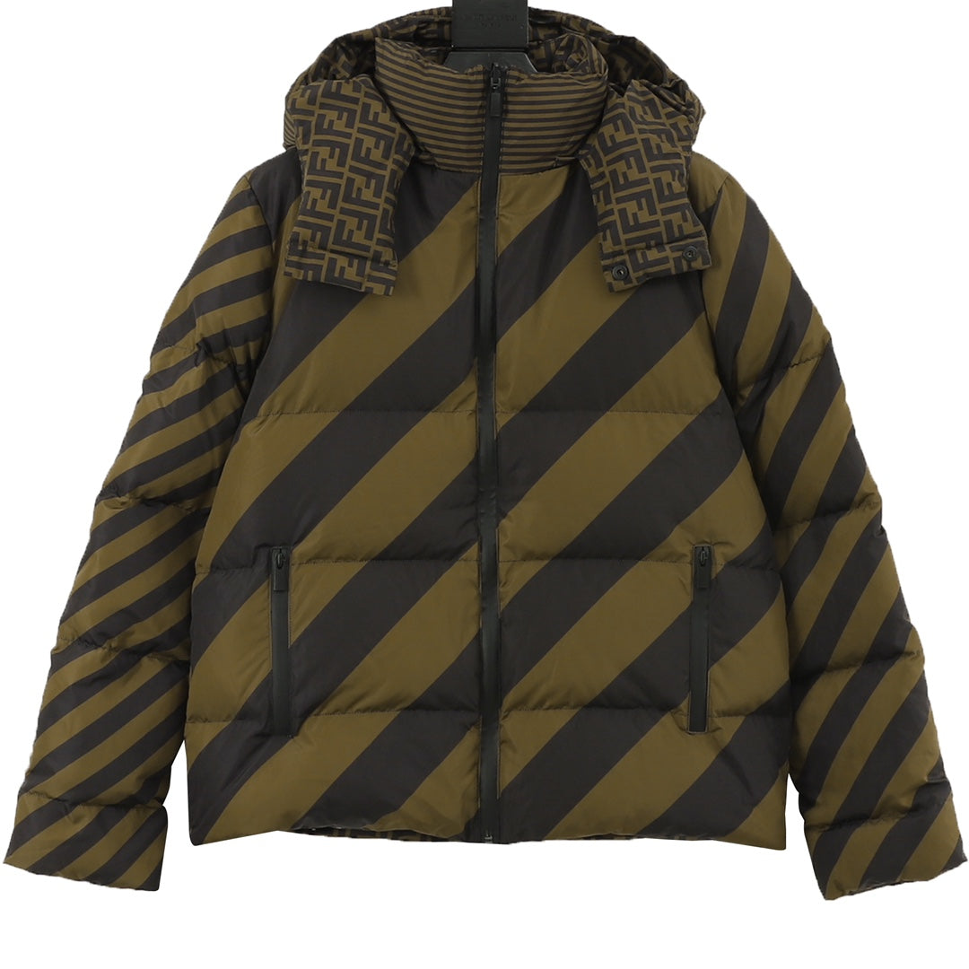 Fendi padded hooded jacket with diagonal olive and dark stripes, front zipper