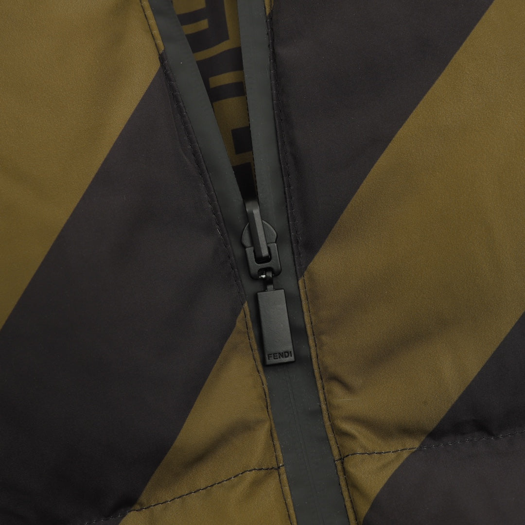 Fendi padded jacket close-up of front zipper and FENDI logo pull tab