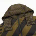 Fendi padded hooded jacket close-up with logo-patterned sleeve cuffs and hood
