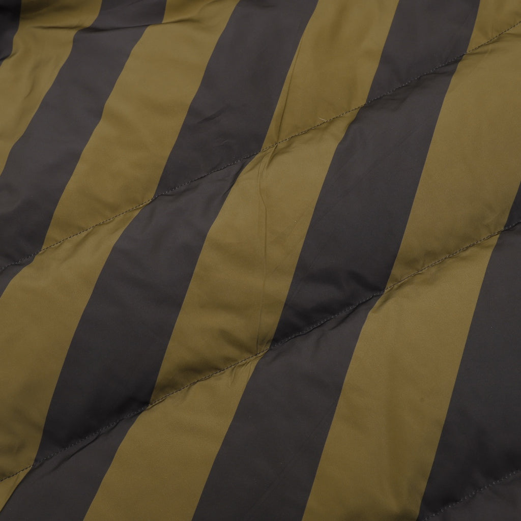 Fendi padded jacket fabric close-up with diagonal olive and dark stripe quilting