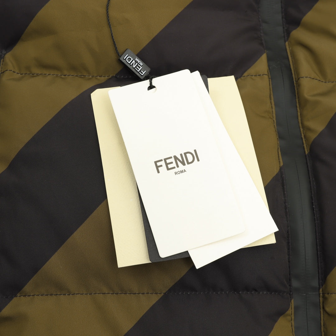 Fendi padded jacket with hanging FENDI tags over striped quilted fabric