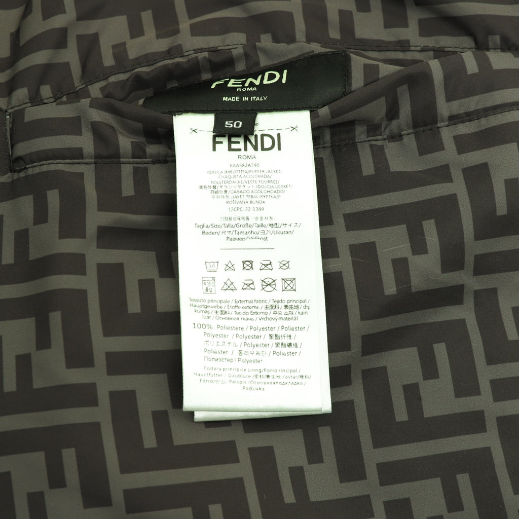 Fendi puffer jacket care tag on patterned lining
