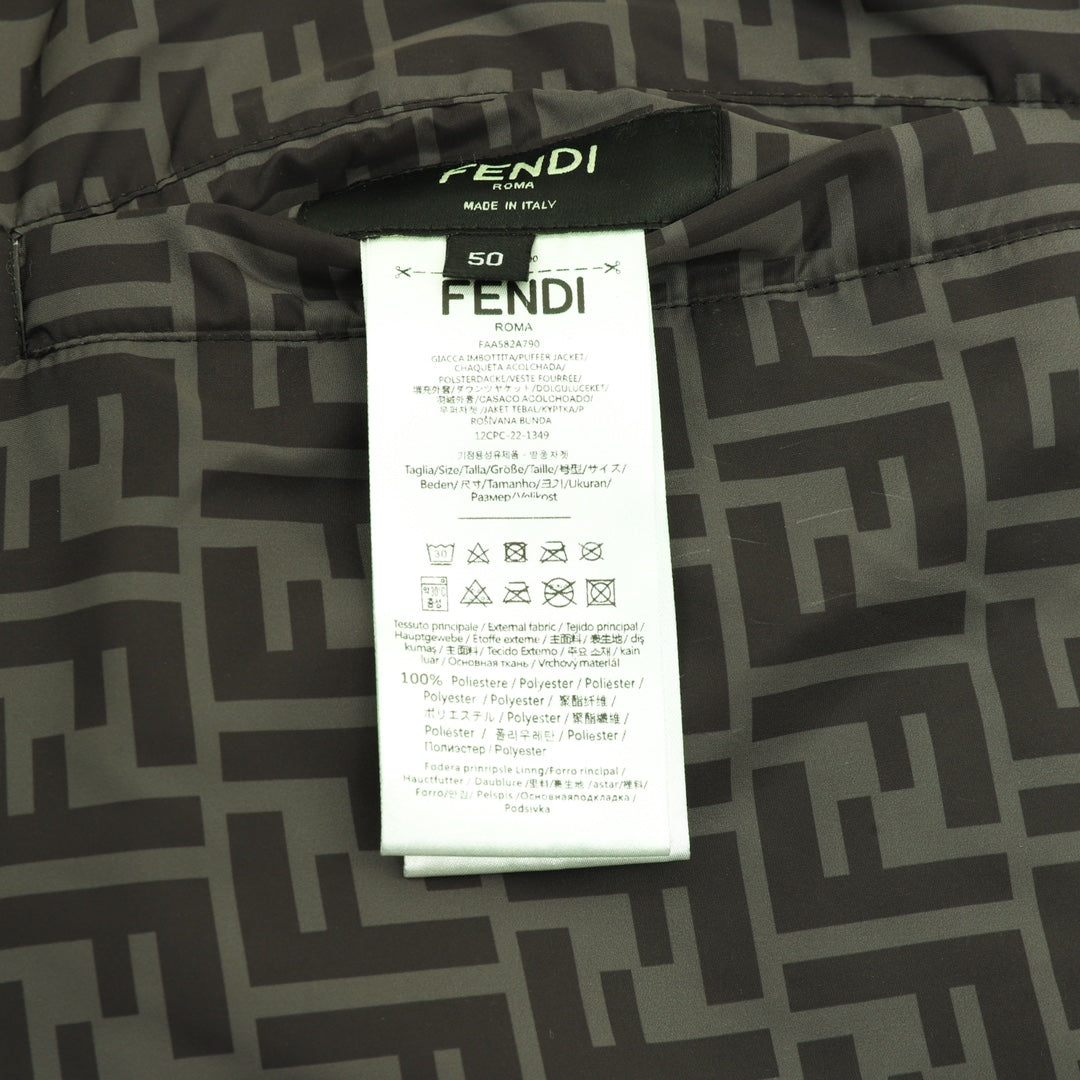 Fendi puffer jacket care tag on patterned lining